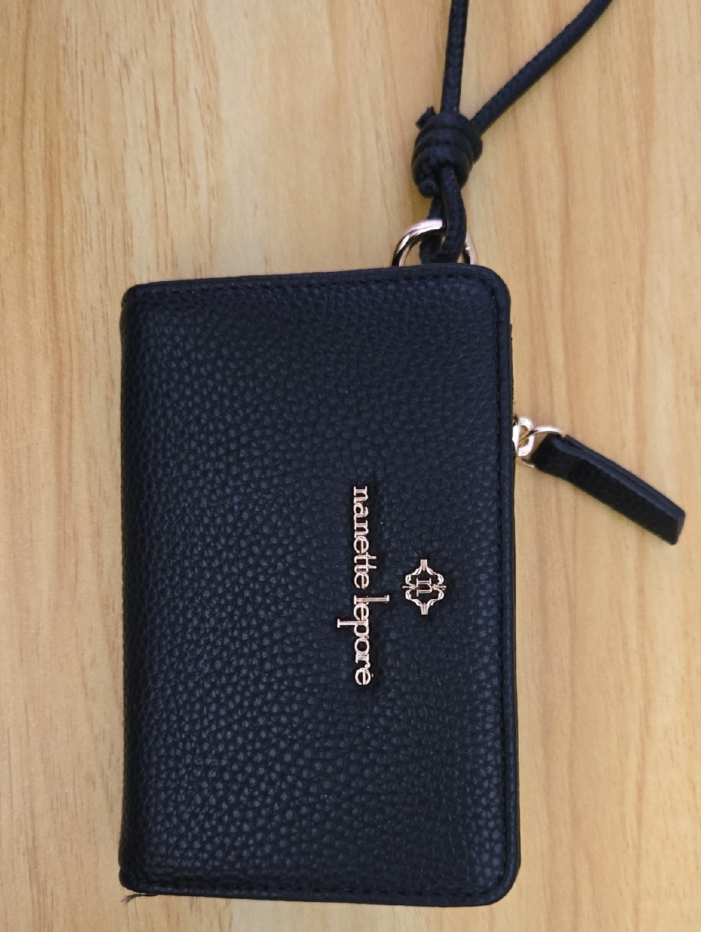 Nanette Lepore Black Pebbled Leather Zip Wristlet with Gold Logo